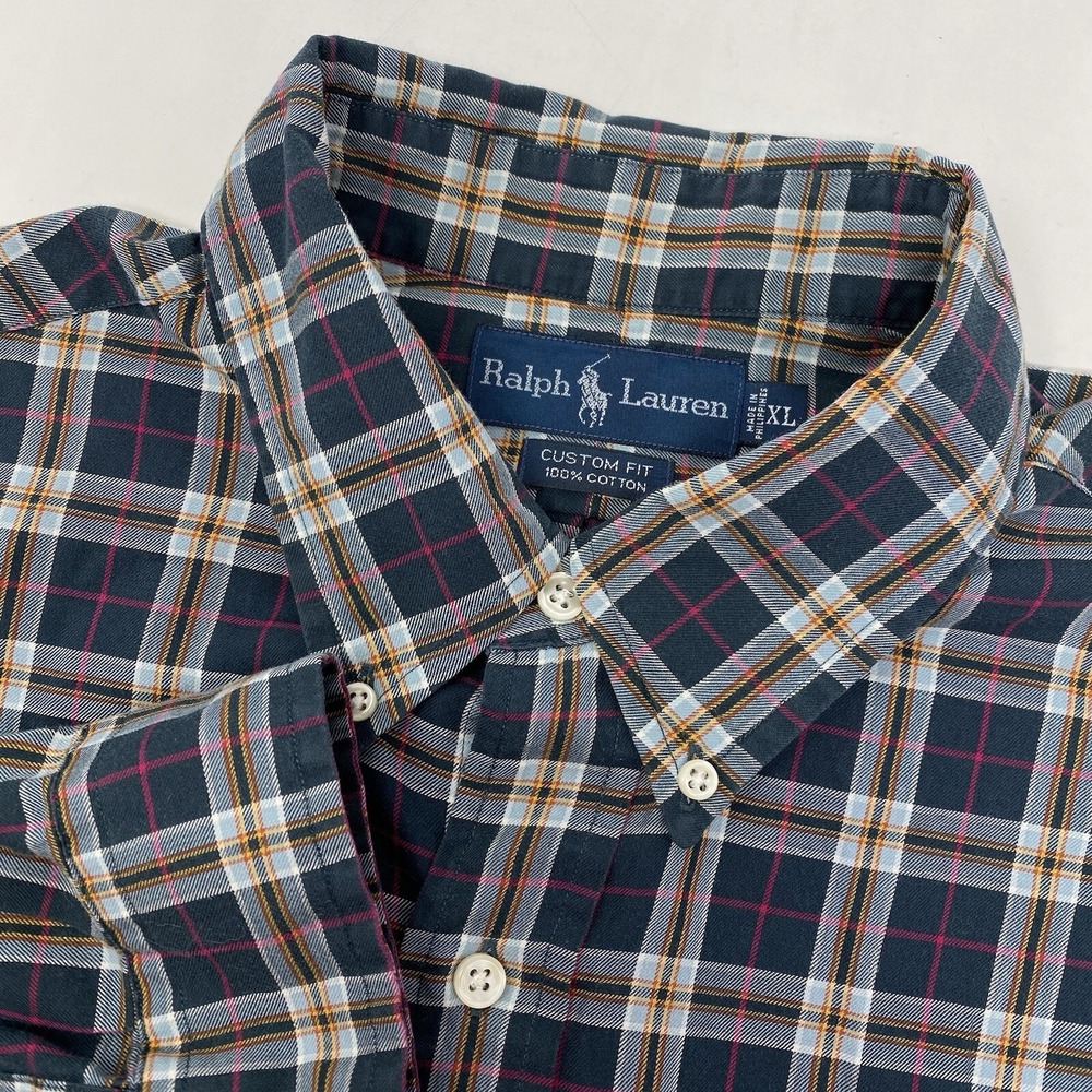 Ralph Lauren Button Down‎ Shirt Mens XL Navy Plaid Custom Fit Long Sleeve Cotton